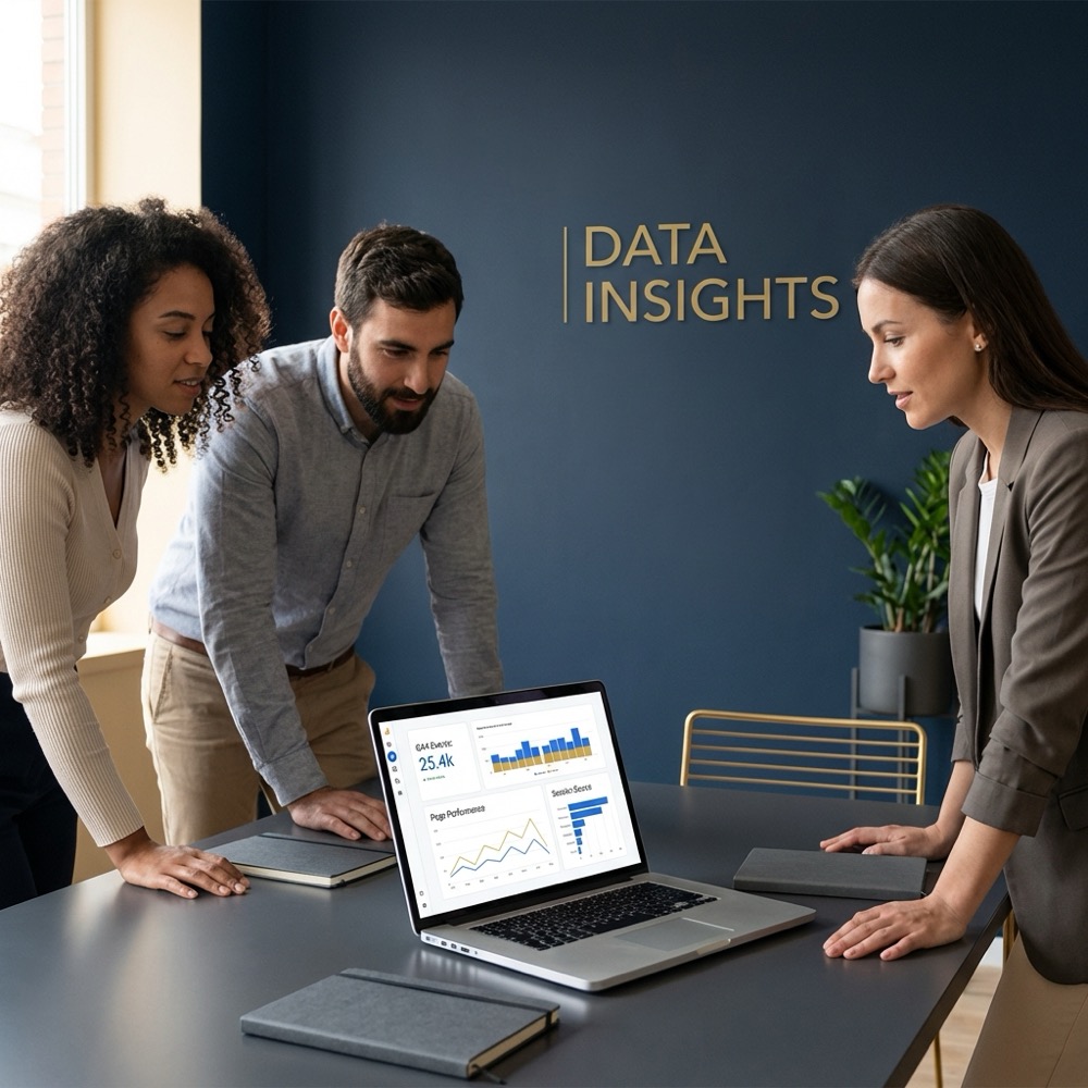 Small team reviewing GA4 events and page performance dashboard on a laptop for content optimization in a minimalist dark navy office with gold accents