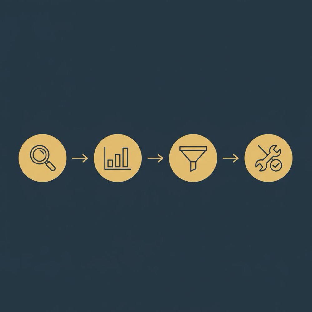 Minimal 2D vector infographic flow diagram for an AI website analyzer showing four icon steps (crawl, analyze, triage, fix) in Orvus Ltd. colors on a dark blue background.