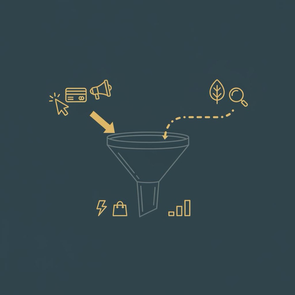 Minimal 2D vector infographic of a stylised funnel where paid search feeds fast conversions and organic search compounds over time, in brand colors.