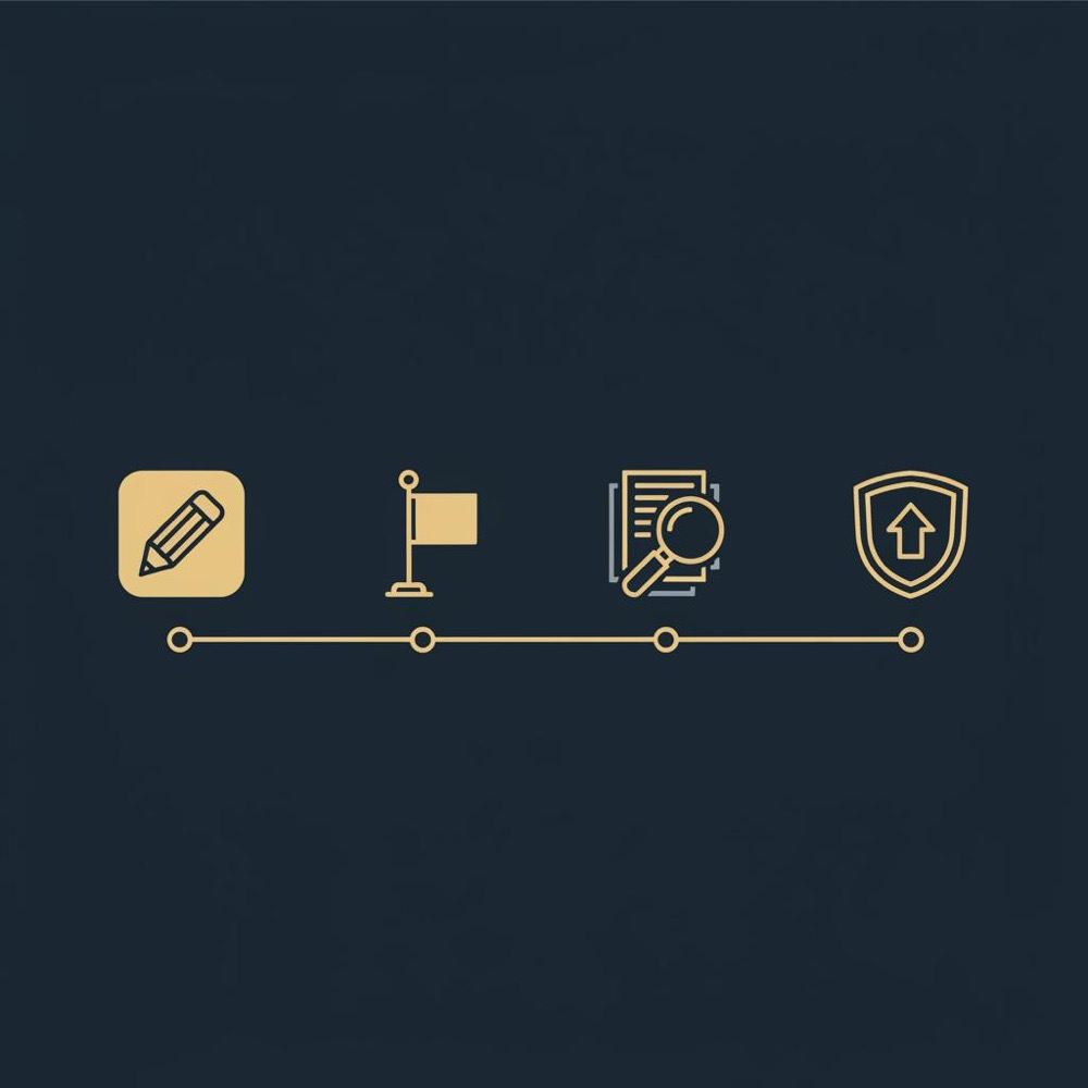 Minimal vector flowchart with four icon stages (edit author, flagging, collect evidence, escalate) illustrating how to delete Google review on a dark blue background.