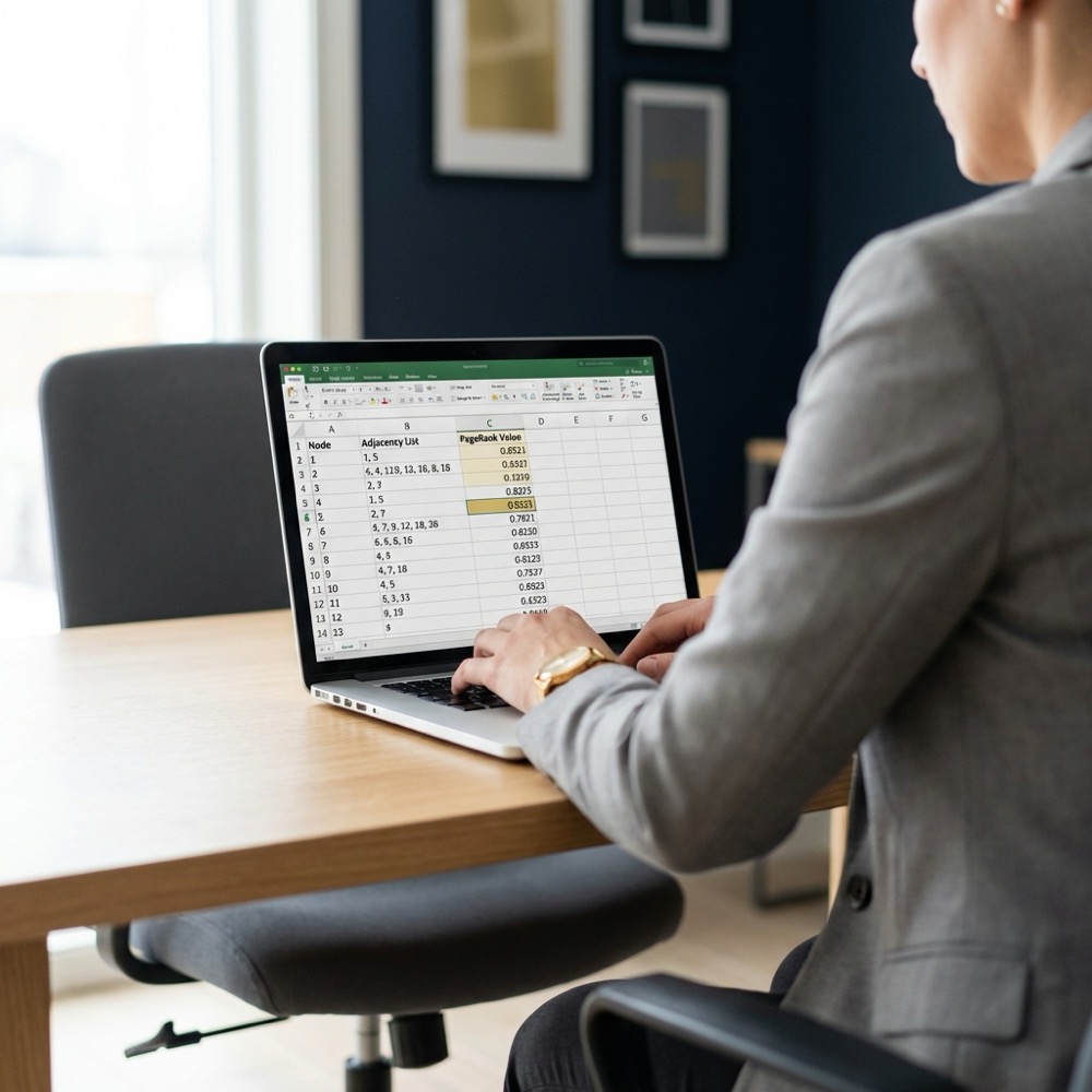 Over shoulder view of person working on a laptop showing an adjacency spreadsheet with highlighted pagerank values in a minimalist navy and gold Orvus Ltd brand palette