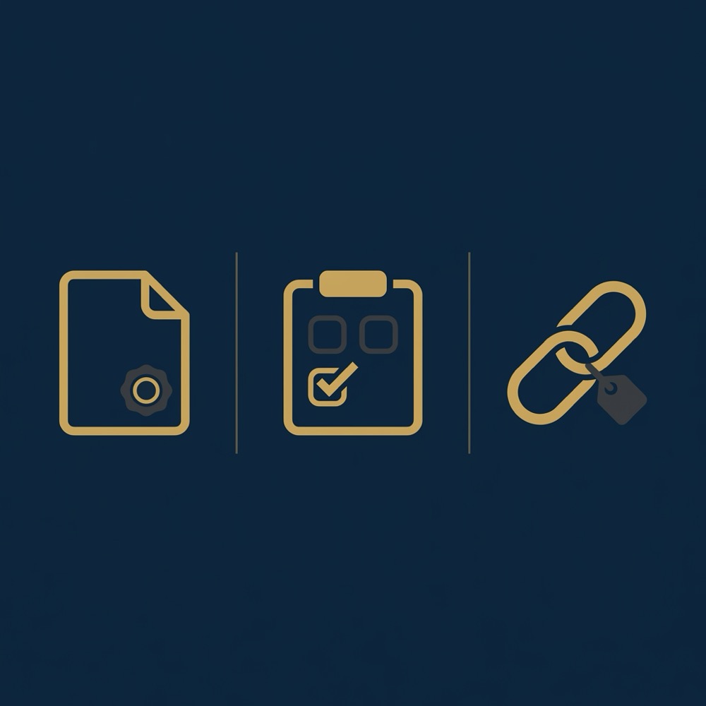 Minimal 2D vector infographic with contract checklist and rel attributes icons in Orvus Ltd palette blue and gold optimized for backlink services