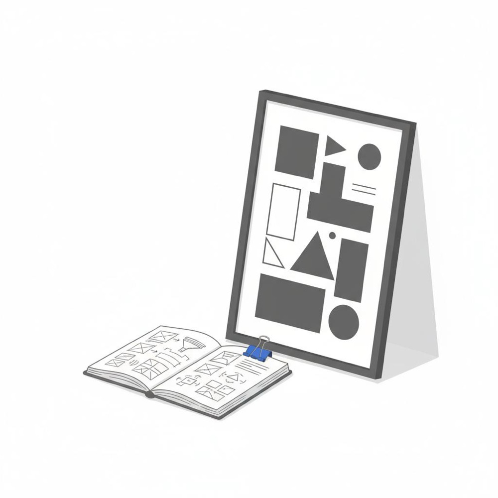 Is Squarespace worth it for artists? Minimal 2D vector of a framed art print and open notebook with thumbnail portfolio sketches and a blue binder clip on white background