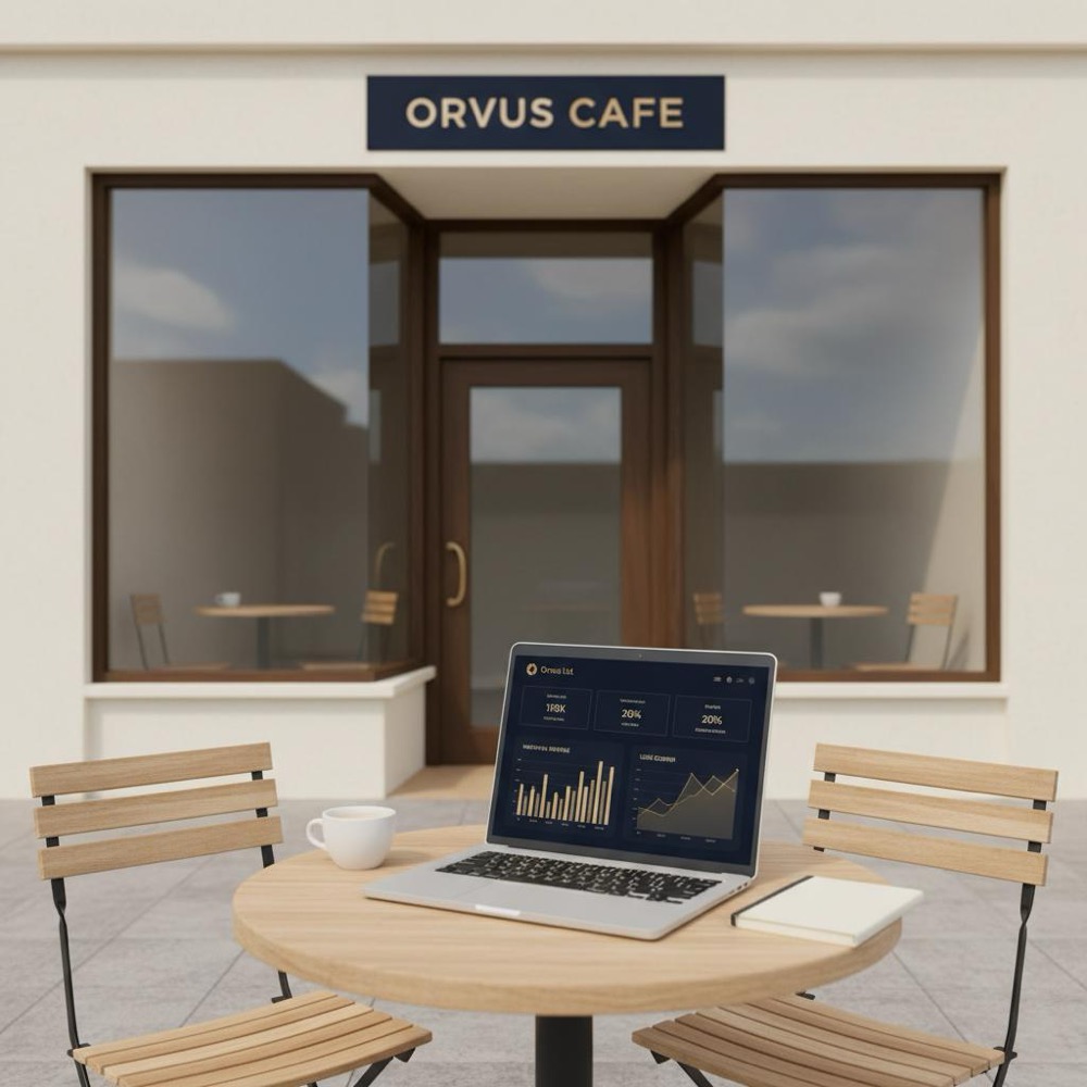 Tidy small storefront with outdoor café table and laptop displaying analytics dashboard with subtle #C8A45D accents, illustrating monthly SEO cost data; natural light, no people visible.