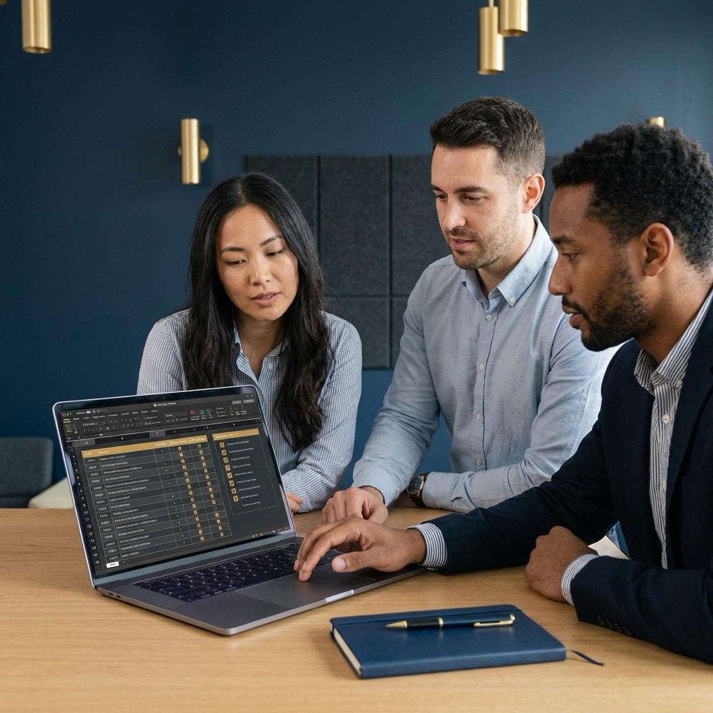 Small team reviewing a site audit on a laptop with spreadsheet and checklist visible for basic search engine optimization in a minimalist Orvus Ltd office dark blue background