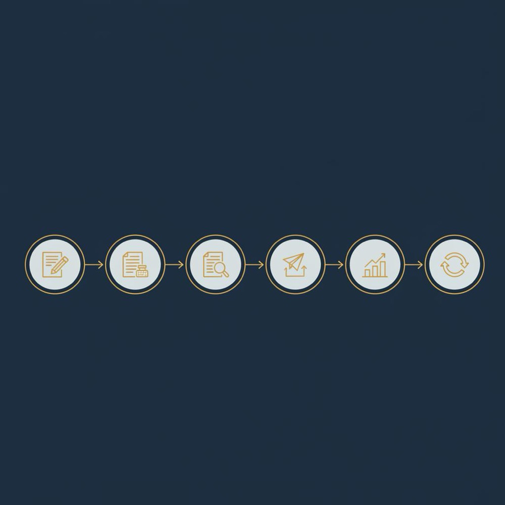 Minimal 2D vector infographic showing icons for brief, draft, review, publish, measure, repeat on a navy background - what does a copywriter do