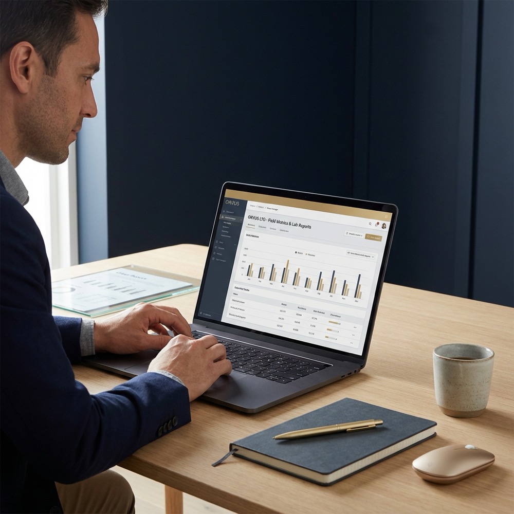 Product manager reviewing field metrics and lab reports on a laptop at a minimalist desk in Orvus Ltd brand colors seo ux