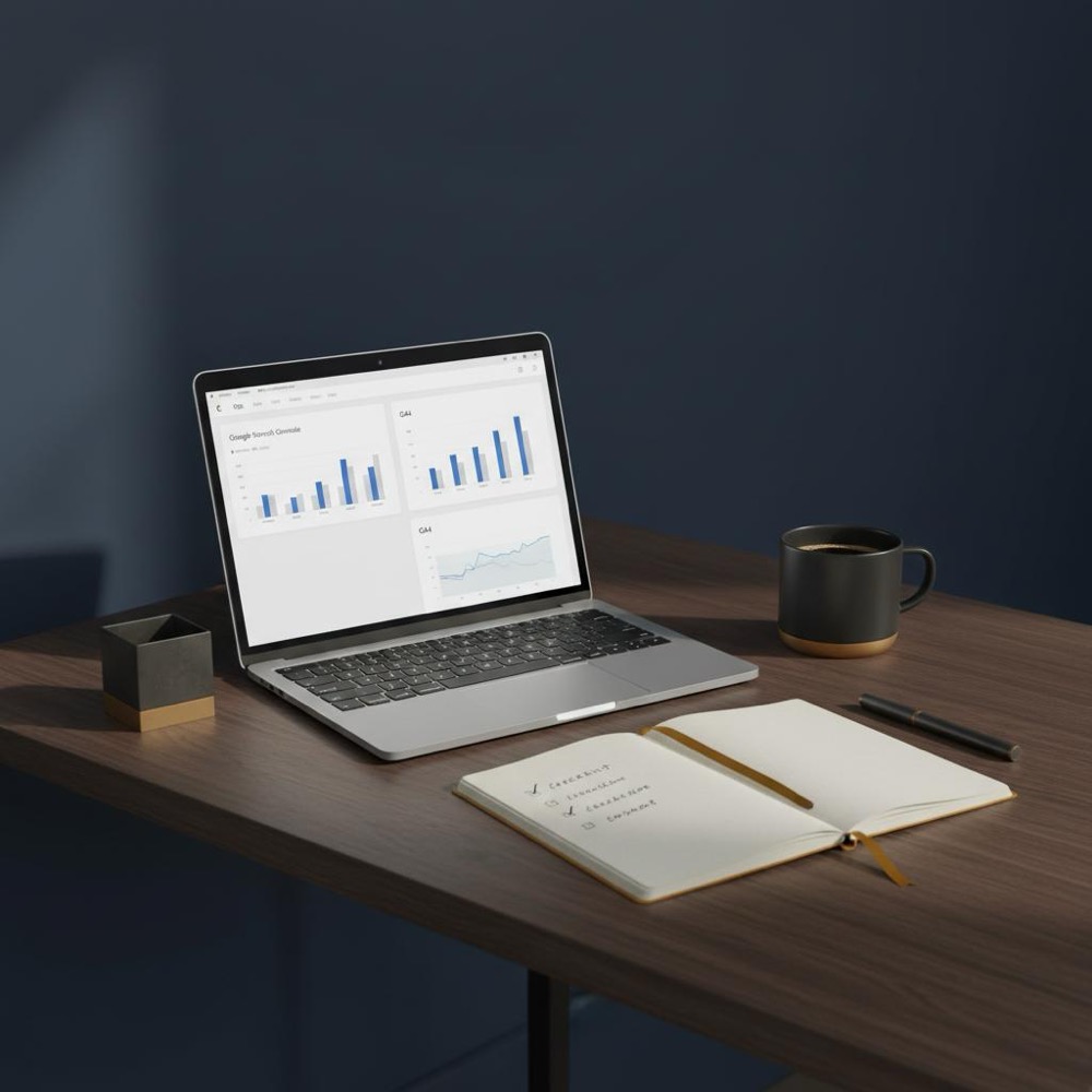 Minimalist workspace with laptop showing Google Search Console and GA4 dashboards, notebook checklist and coffee cup on navy background for seo management