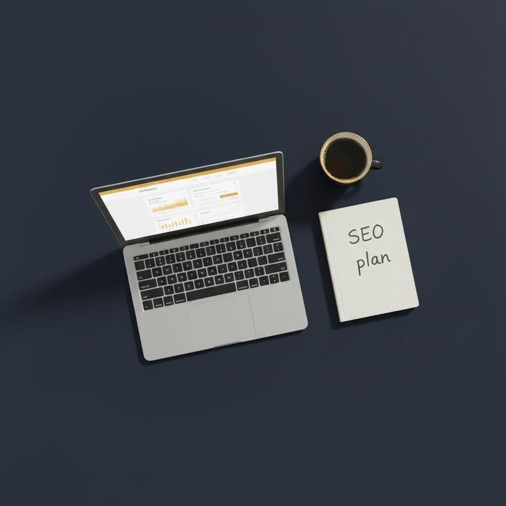 Overhead flat-lay of a tidy navy desk with a laptop showing a website dashboard, a notebook labeled 'SEO plan', and a coffee cup - SEO on GoDaddy