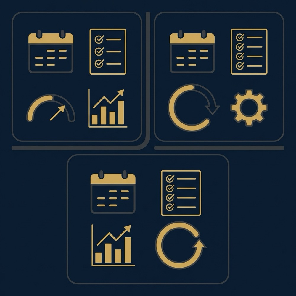Minimal 2D vector infographic showing a compact 30 to 90 day checklist workflow with three step panels on a dark navy background using brand colors google search engine optimization