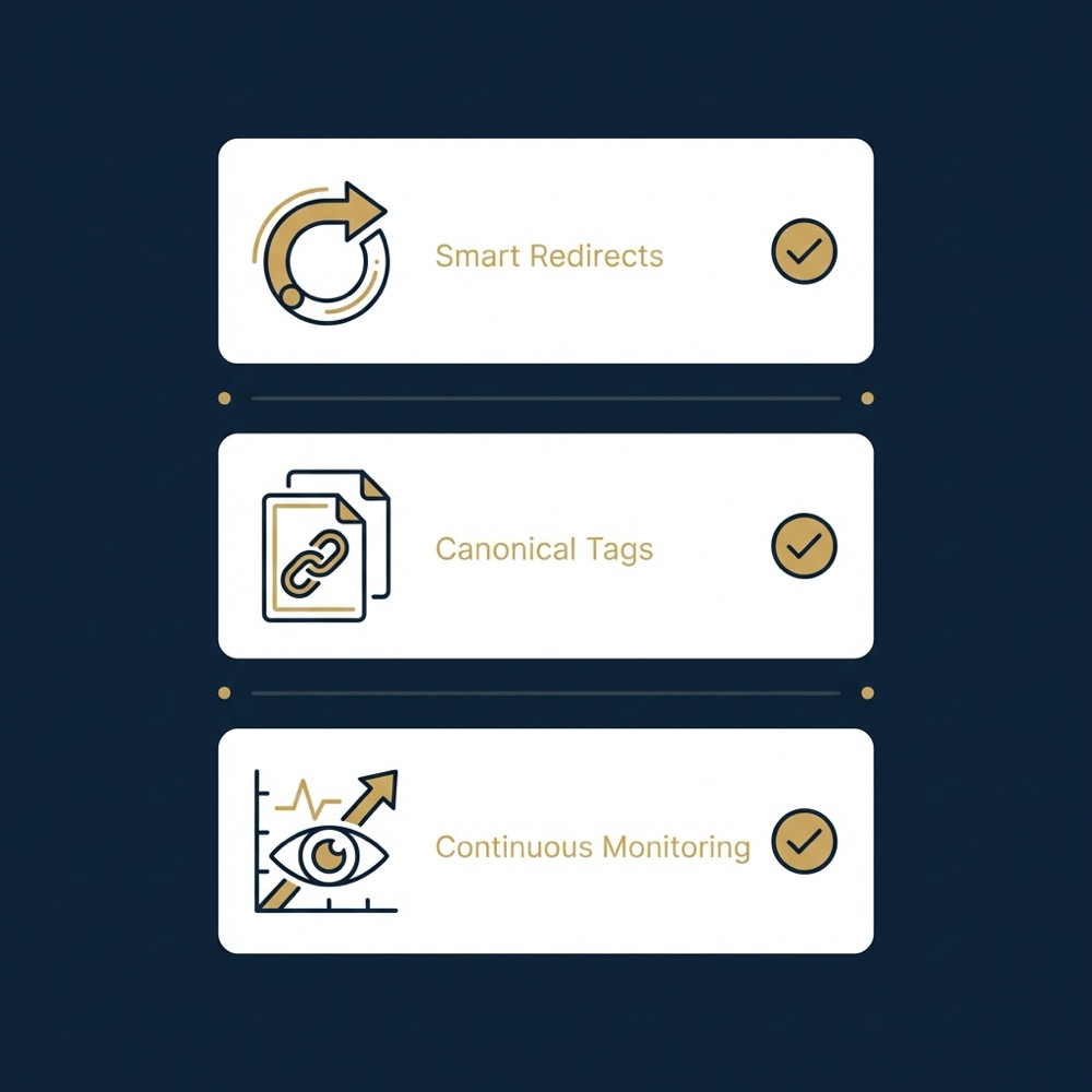 Vector infographic checklist showing icons for redirects canonical tags and monitoring with three checked items canonicalization seo