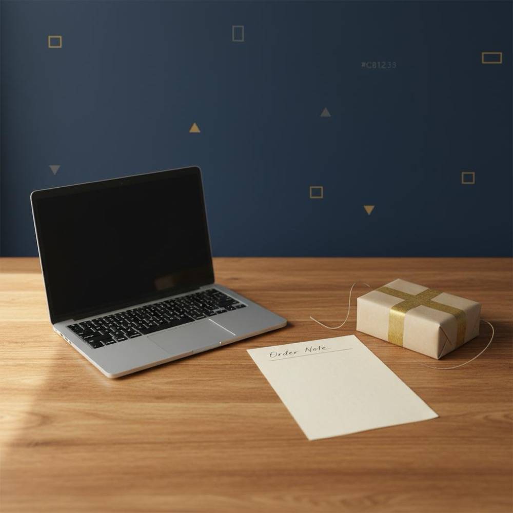 Tidy wooden desk with laptop, handwritten order note and a small shipping package on deep blue background with warm gold accents illustrating 40 40 20 rule in marketing.