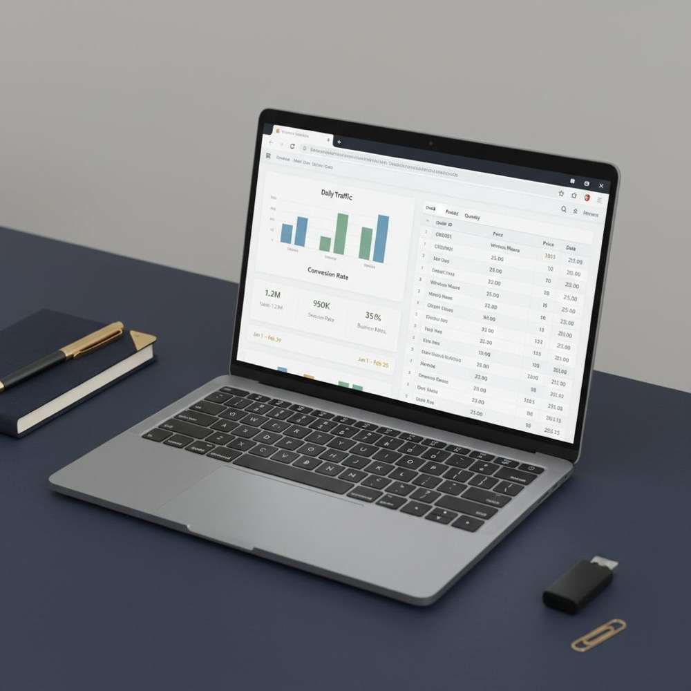 Close-up minimalist desk with laptop showing exported CSVs and site analytics dashboard, subtle gold accents-ahrefs $7 trial highlighted in browser UI.