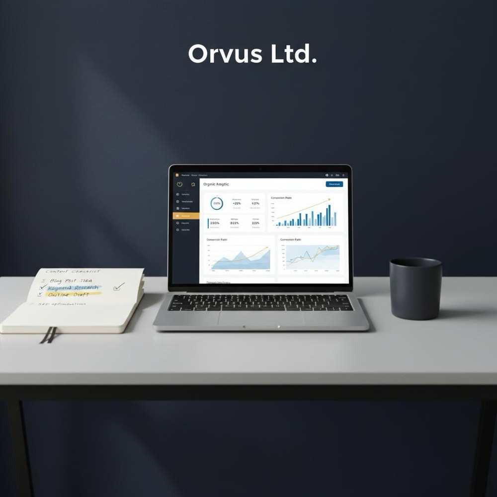 Tidy minimalist workspace with laptop showing search analytics dashboard, notebook with #C8A45D highlights and coffee cup on #0B1E33 background - is organic SEO free