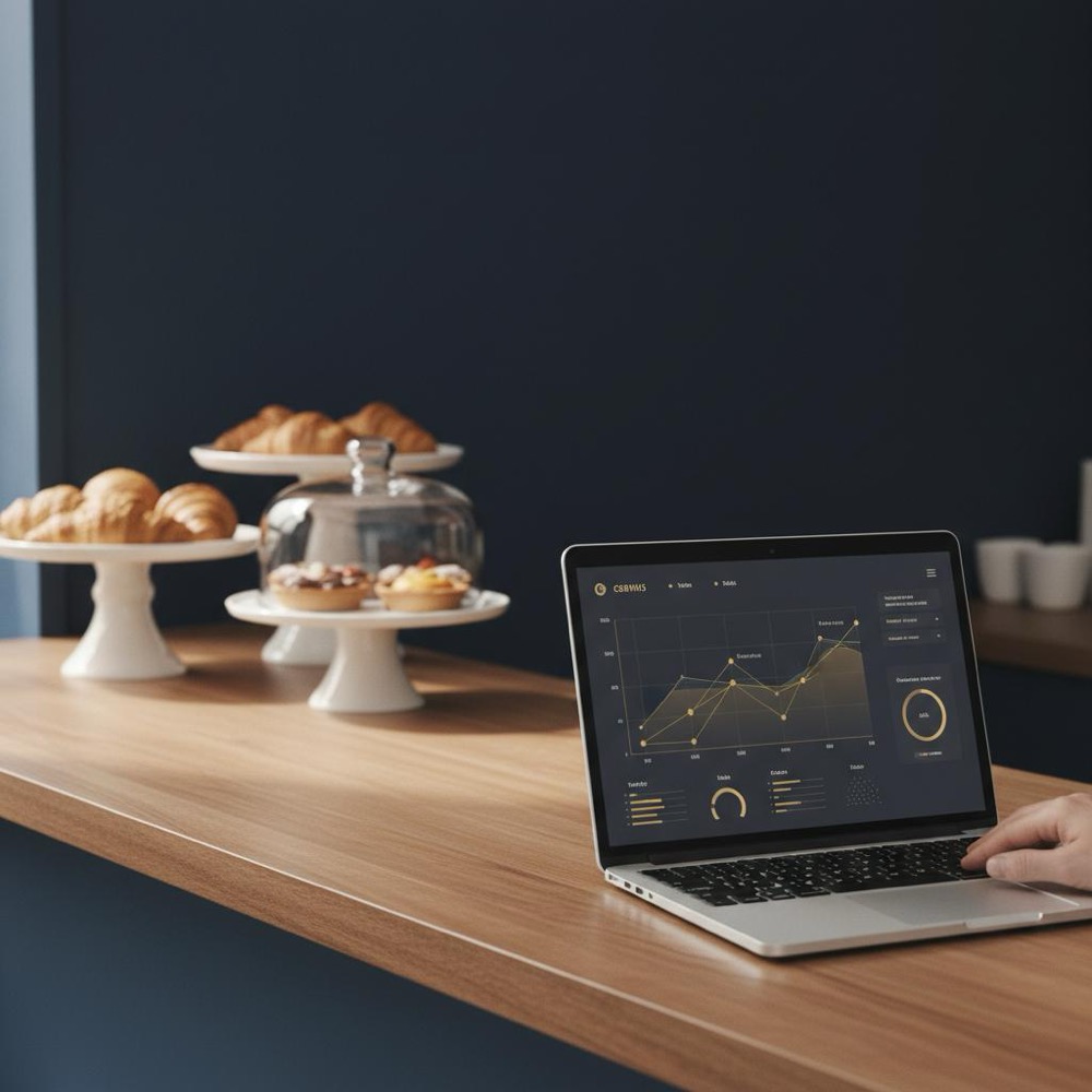 Wix SEO: tidy bakery counter workspace with laptop displaying sitemap analytics, natural light, deep navy background and warm gold accents