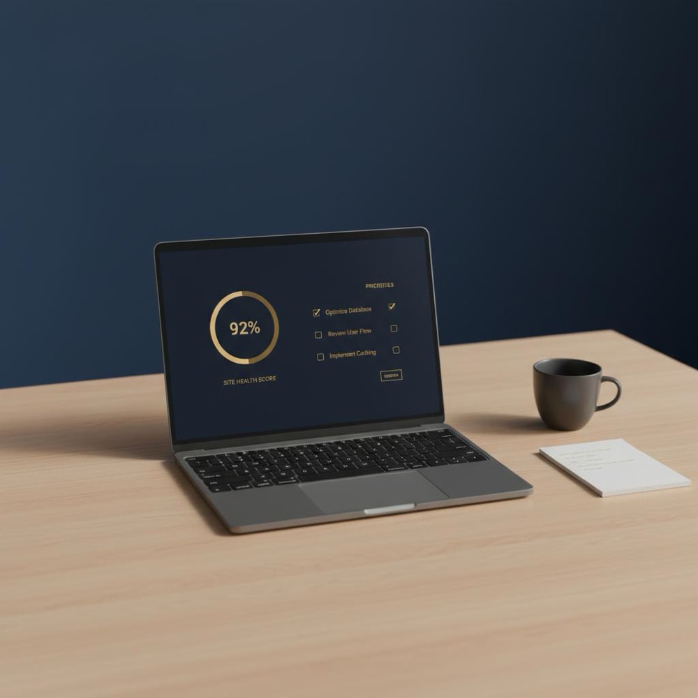 What is Moz Pro used for? Minimalist laptop dashboard showing site health score and prioritized task list, with notepad and coffee cup on deep navy background.