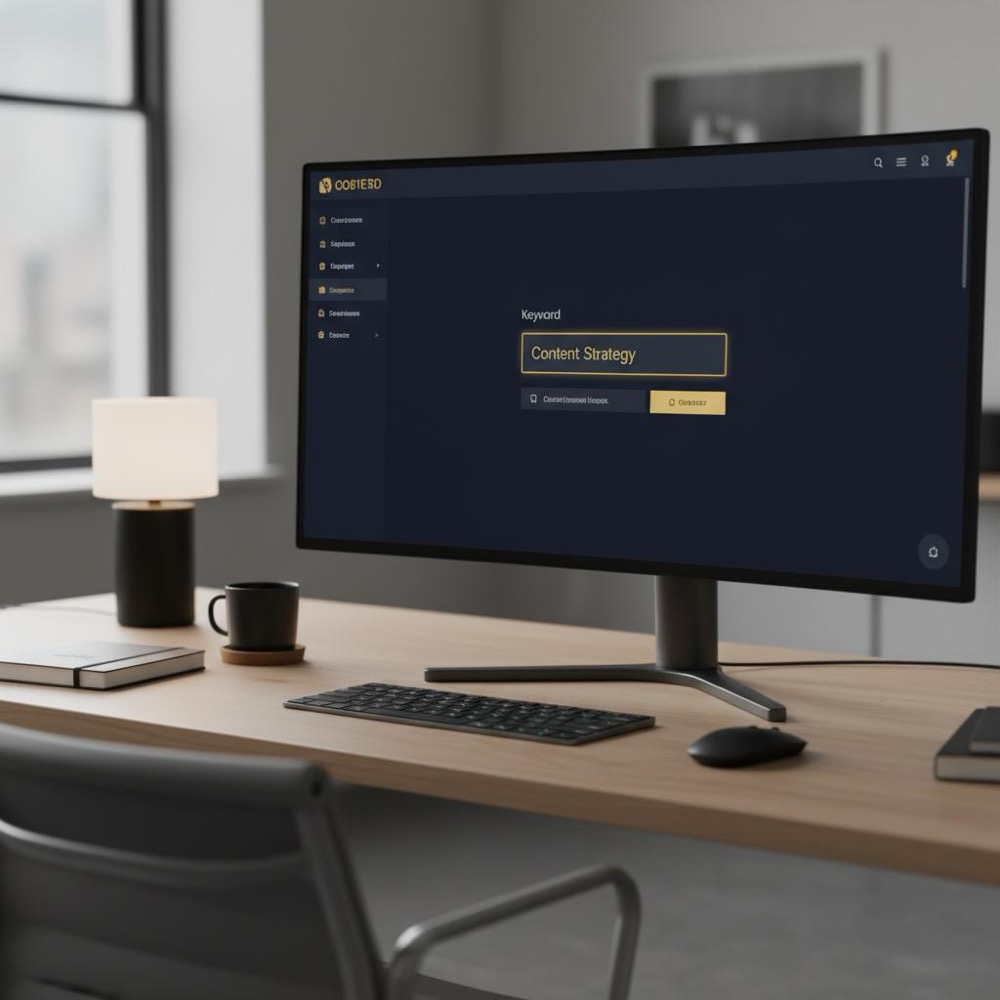 Minimalistic developer workstation with CMS open showing a highlighted keyword field and brand UI accents (#C8A45D) on dark #0B1E33 background - meta keywords
