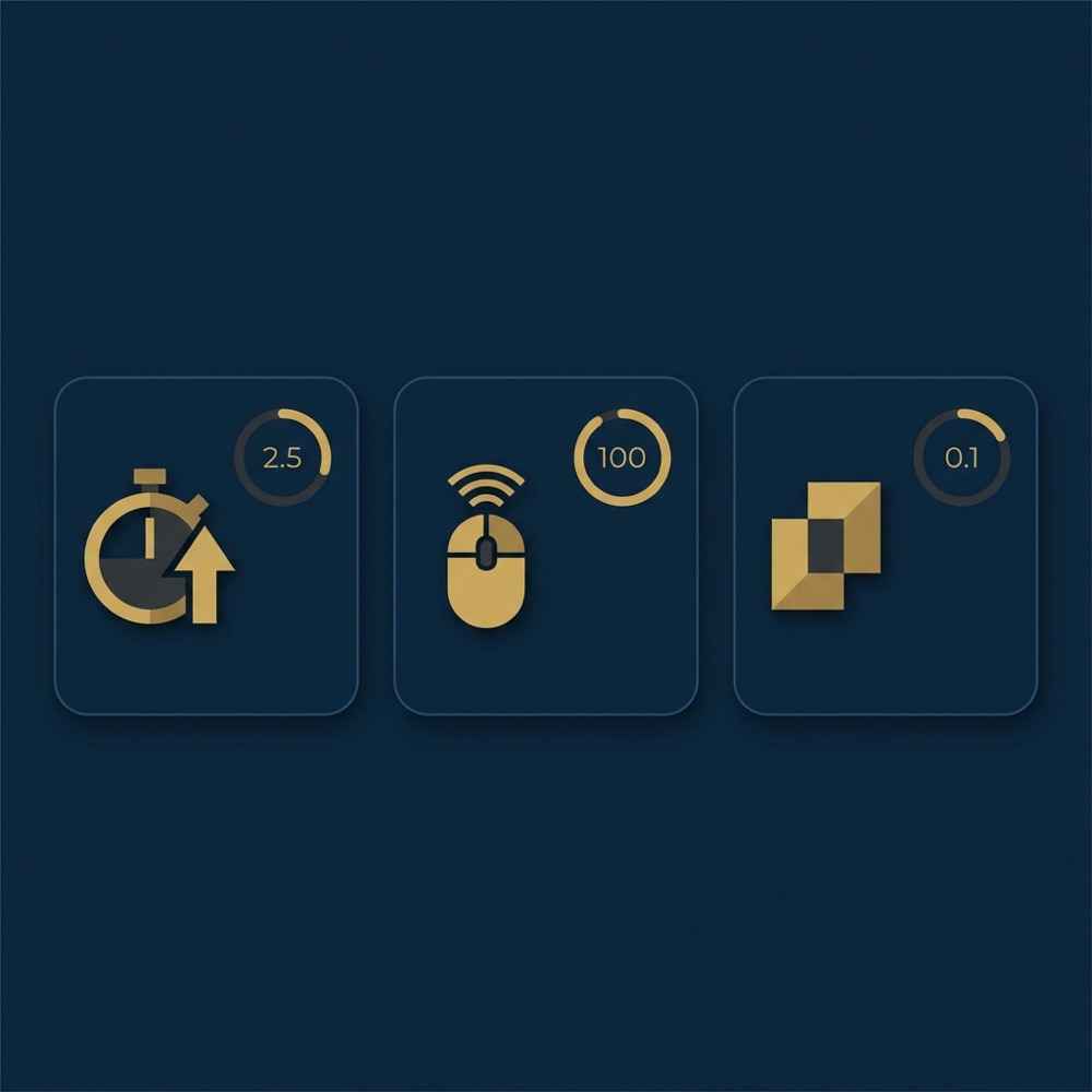 Minimal 2D vector infographic showing three Core Web Vitals icons for LCP FID and CLS in Orvus Ltd colors for content optimization