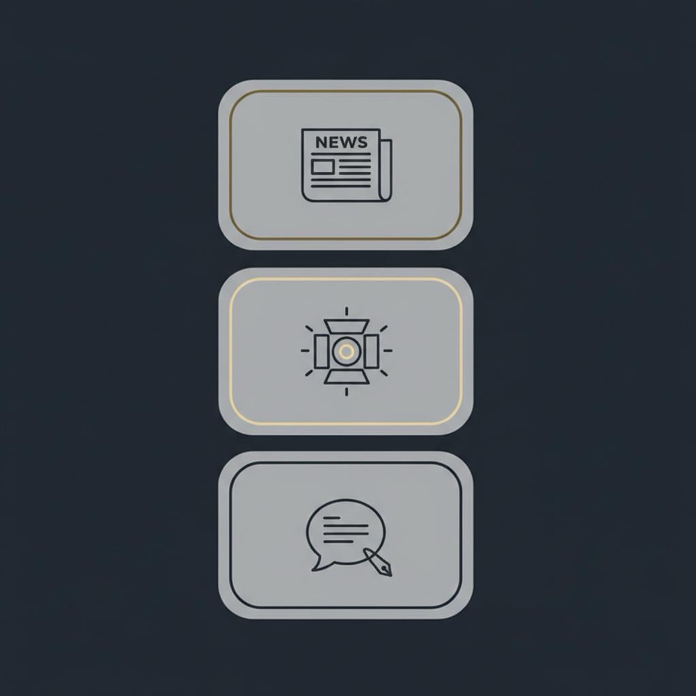 Minimal 2D vector infographic of three stacked cards with icons for news, feature, and blog in Orvus Ltd. palette on #0B1E33 background, article writing format