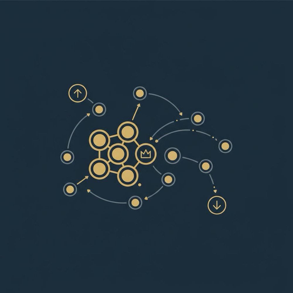 Minimal 2D vector infographic showing a pagerank scale network: stylized nodes and edges with a highlighted cluster in #C8A45D on dark blue #0B1E33 background, no text.