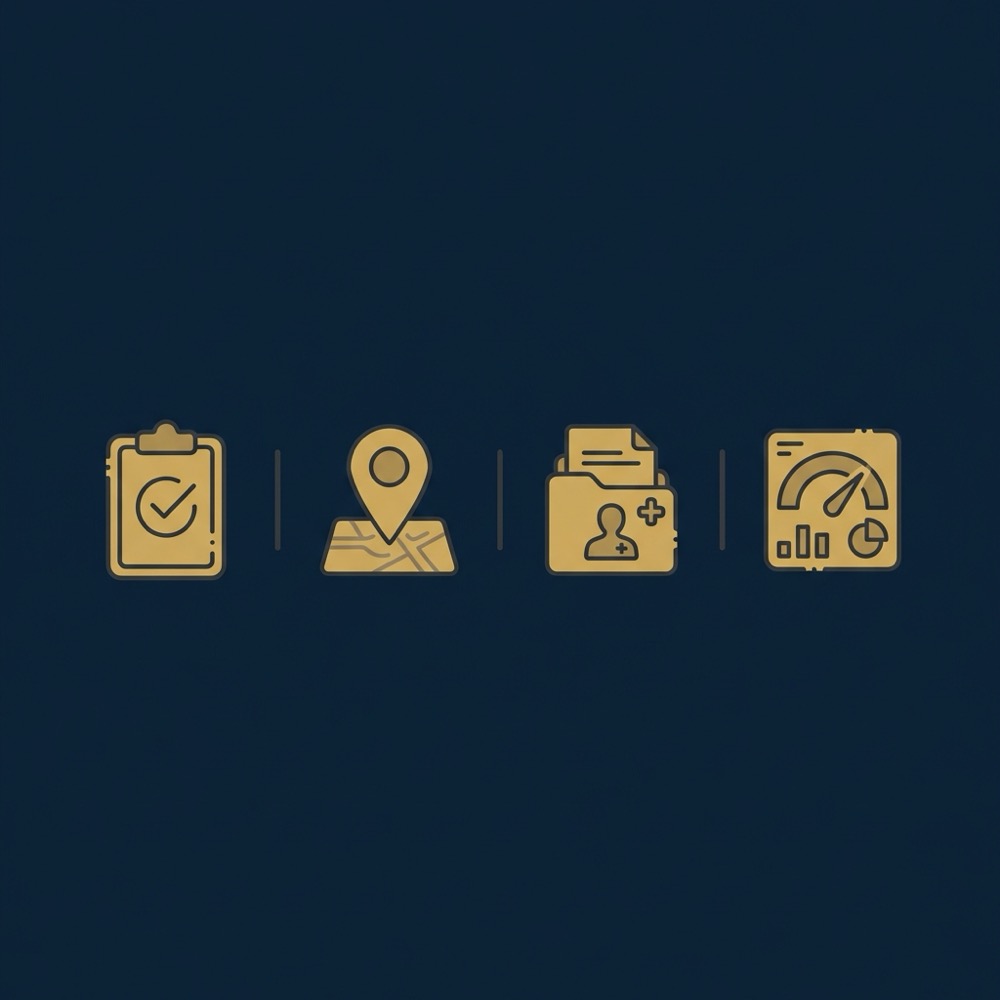 Minimal vector infographic showing audit checklist local map pin patient content and measurement dashboard icons in Orvus Ltd colors for dental seo expert