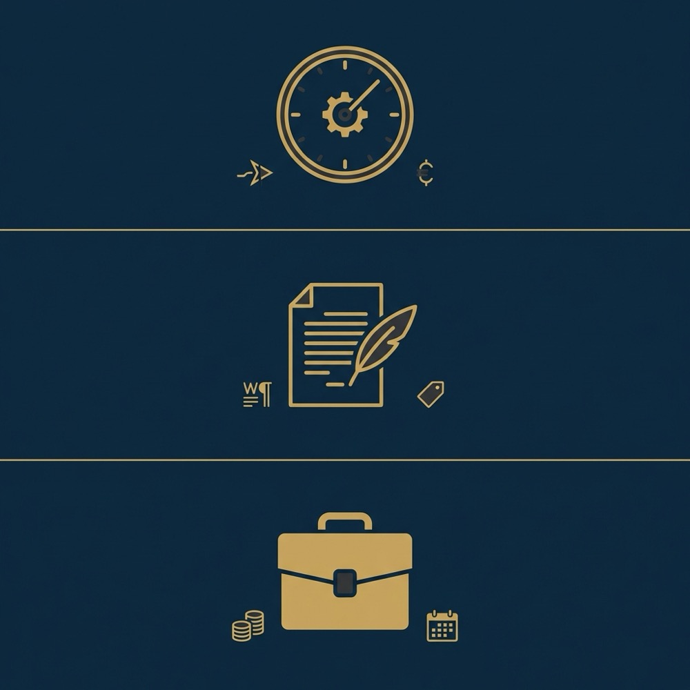 Minimalist vector infographic comparing hourly per word and retainer pricing models for seo writing three simple icons on dark blue background