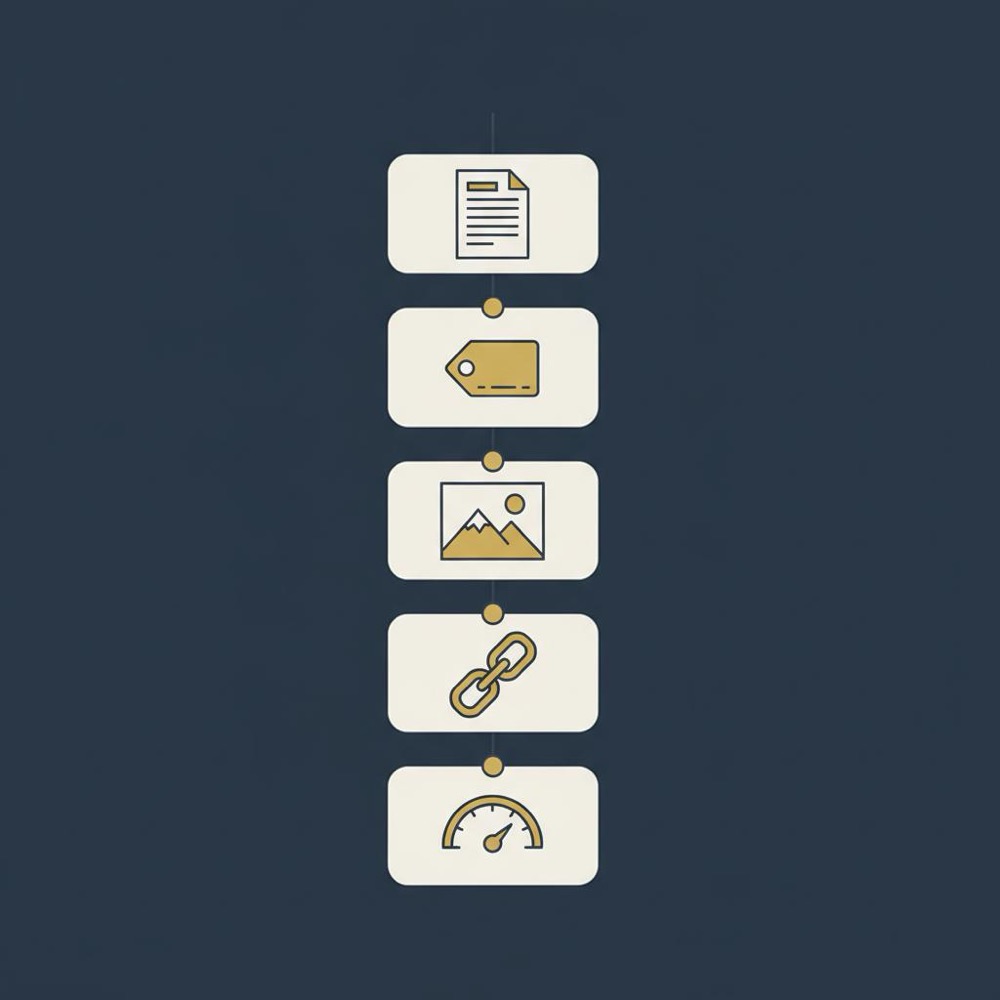 Minimal 2D vector infographic checklist for onpage SEO examples showing five flat icons for title, meta, images, internal links and Core Web Vitals on a #0B1E33 background
