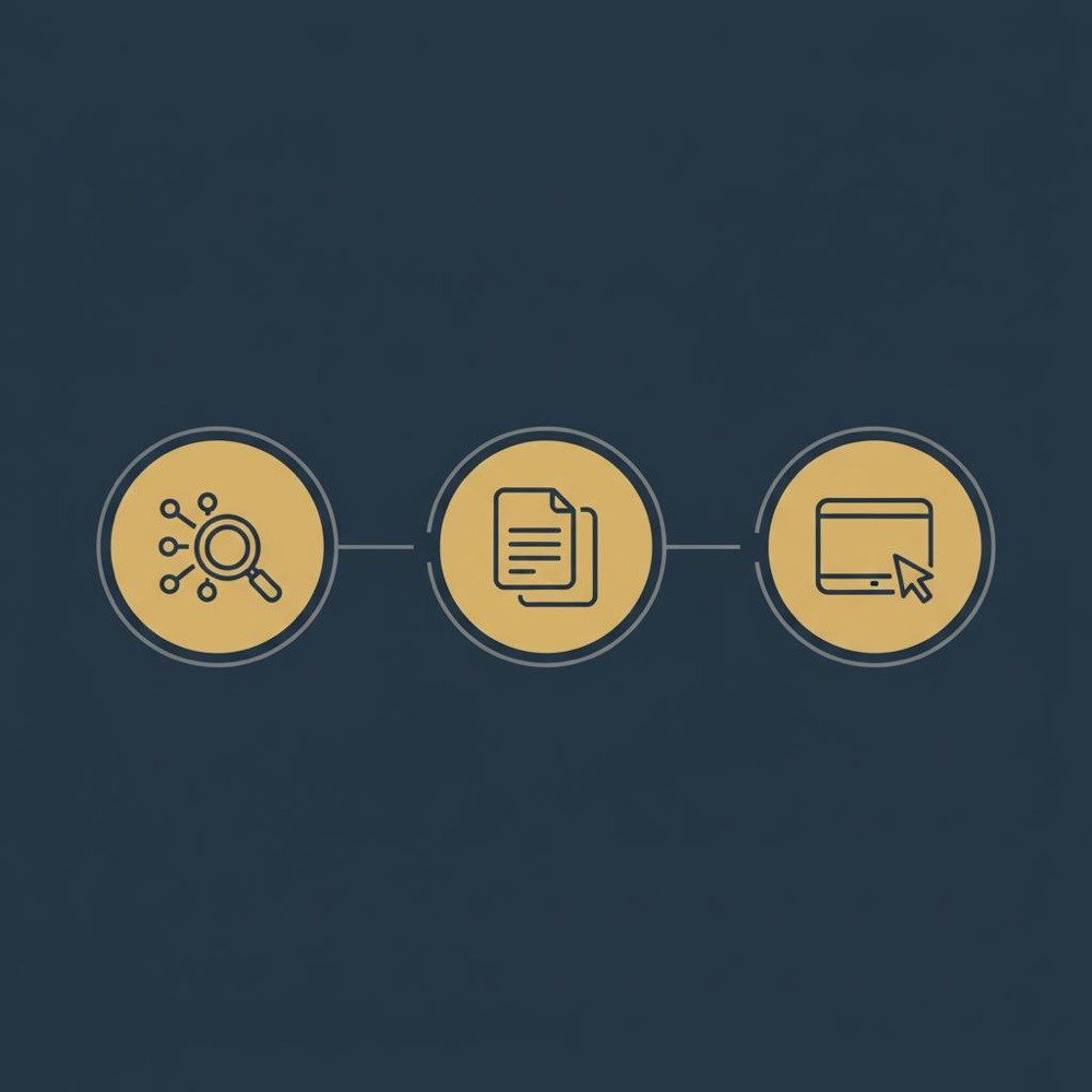 Minimal square vector infographic of three connected circular icons (magnifying glass for crawl, stacked documents for content, cursor for experience) on dark blue background - what is SEO