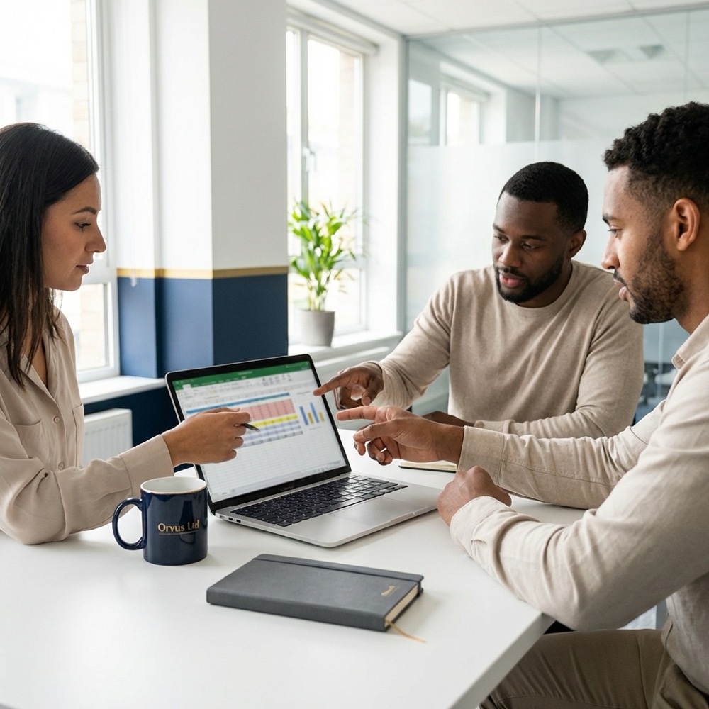 Small marketing team of three reviewing a content audit spreadsheet on a laptop in a minimalist Orvus Ltd office environment for content optimization