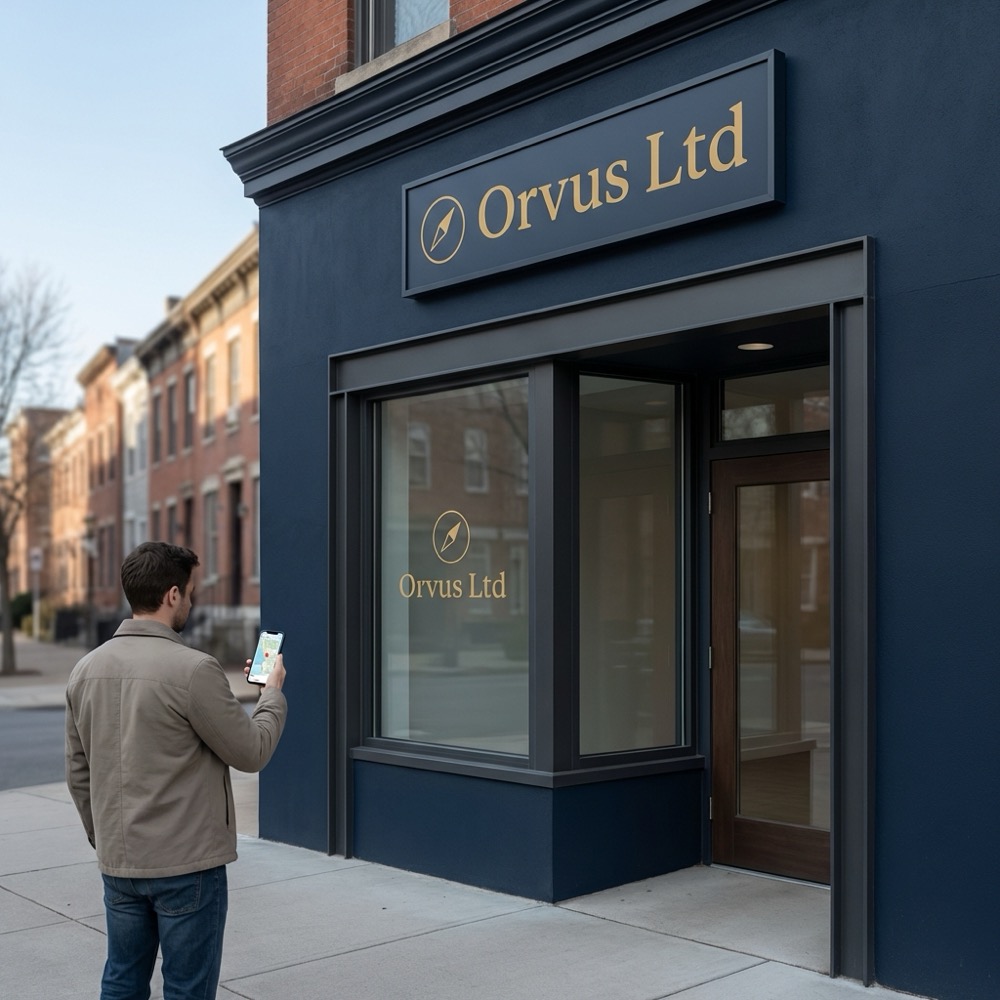 Small storefront with clear signage and a customer using a smartphone to get directions highlighting local seo in Orvus Ltd brand colors