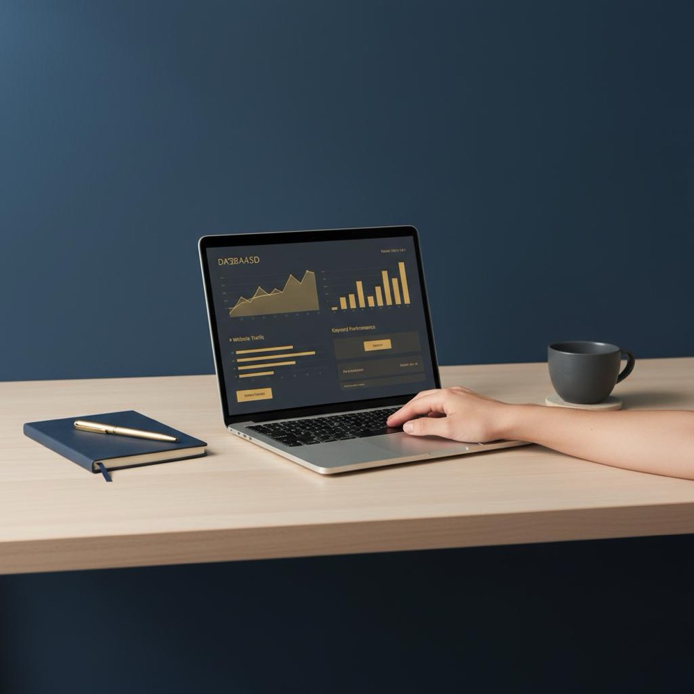 Is Moz a real company desk scene with laptop showing a Moz-style dashboard mockup, notebook and coffee cup on navy background in Orvus Ltd. palette