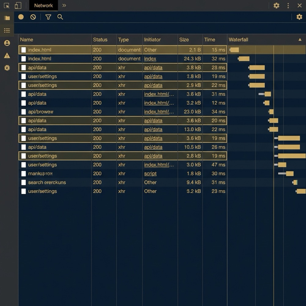 Chrome DevTools network panel screenshot highlighting document and XHR entries in Orvus Ltd brand colors navy and gold spa seo