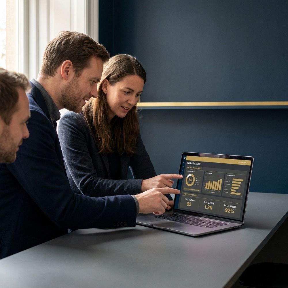 Small team reviewing laptop website audit dashboard focused collaboration showing onsite seo metrics in navy background and gold accent highlighting audit charts