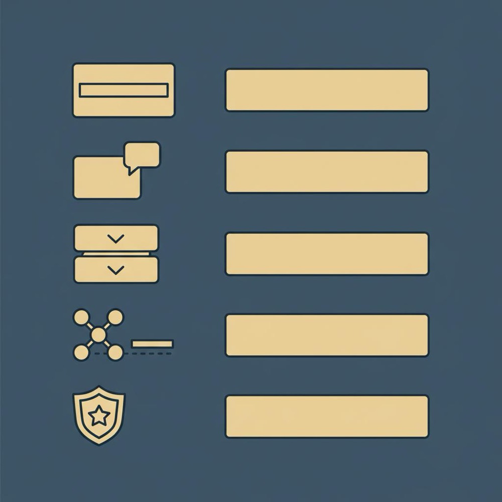 Minimal 2D vector infographic showing the anatomy of an SEO landing page with icons for H1, short answer, FAQ, internal links and trust signals in Orvus brand colors.