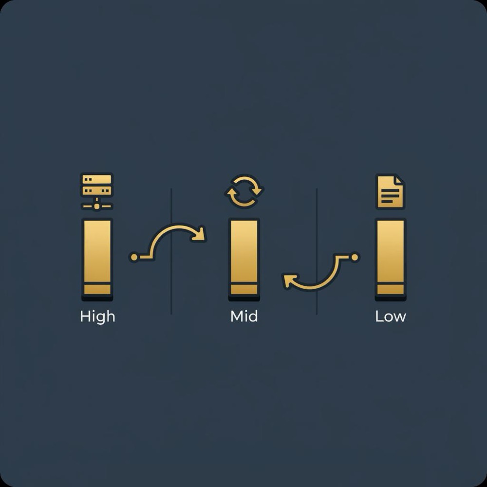 Minimal 2D vector infographic showing a three-cohort indexation flow (high, mid, low) with arrows and small SSR/ISR/static icons in Orvus Ltd brand colors for programmatic SEO