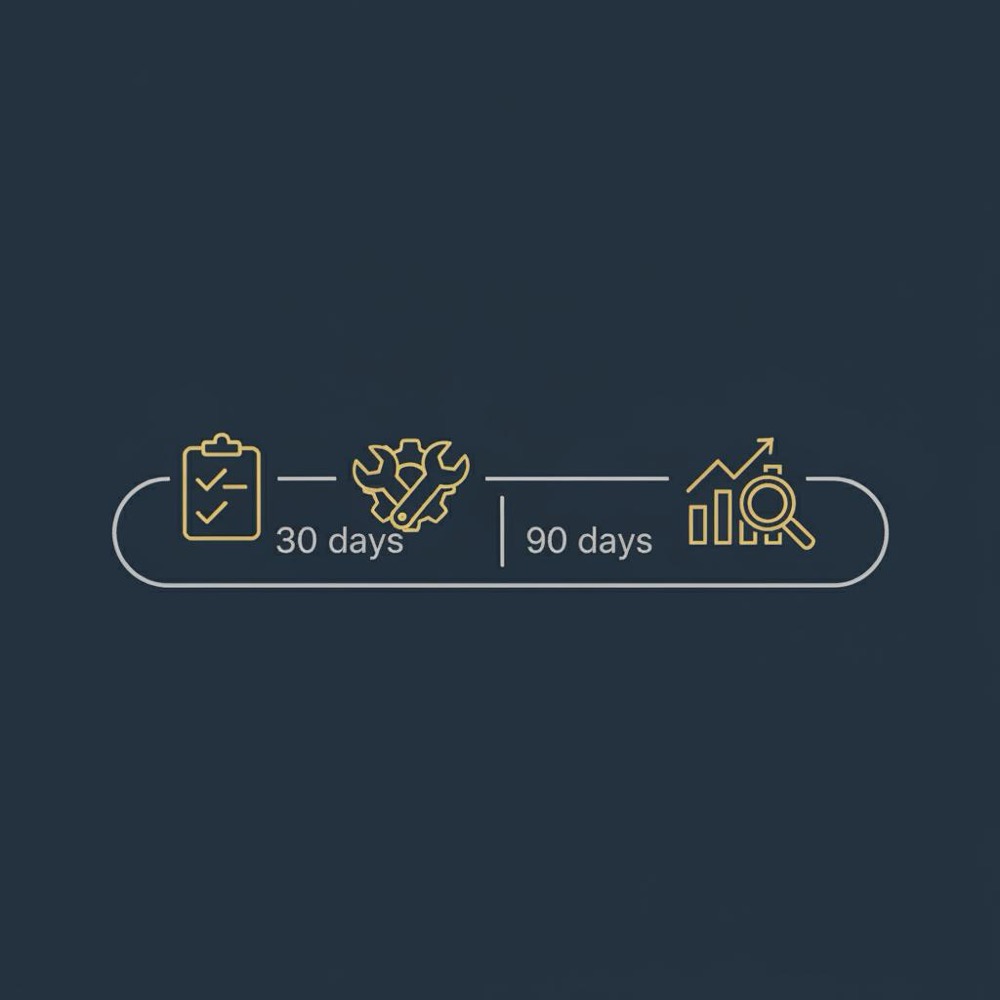 Minimal 2D vector infographic of a 30/90-day website SEO audit timeline with checklist, fixes and measurement icons on a dark navy background.