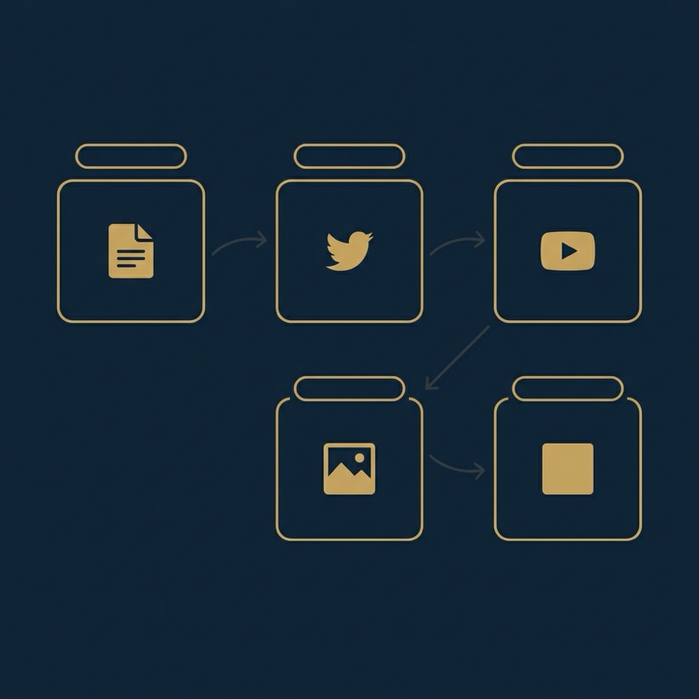 Minimal vector infographic of weekly content repurposing templates with icons and arrows illustrating a repurposing workflow twitter seo