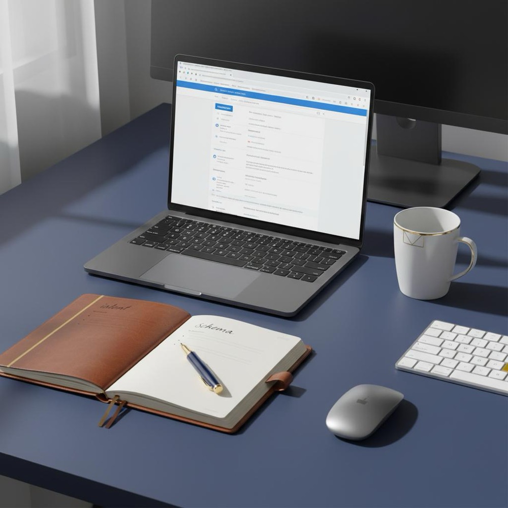 SEO desktop workspace: laptop displaying a search-results mockup, open notebook labeled 'intent' and 'schema', navy background #0B1E33 with subtle gold #C8A45D accents, minimalist editorial photo