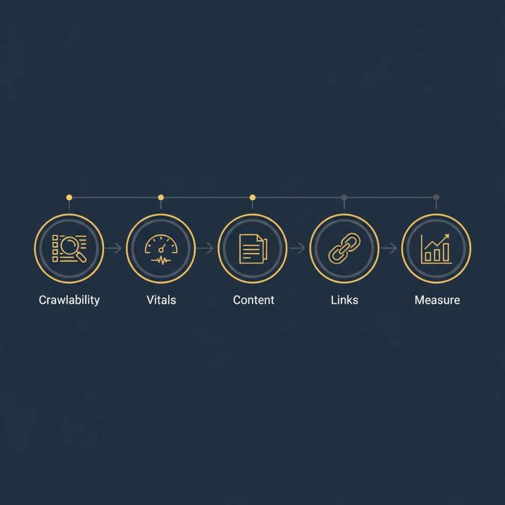 Minimal 2D vector infographic of a 5-step SEO audit flow - crawlability, vitals, content, links, measure; how to analyse a website for SEO on navy background.