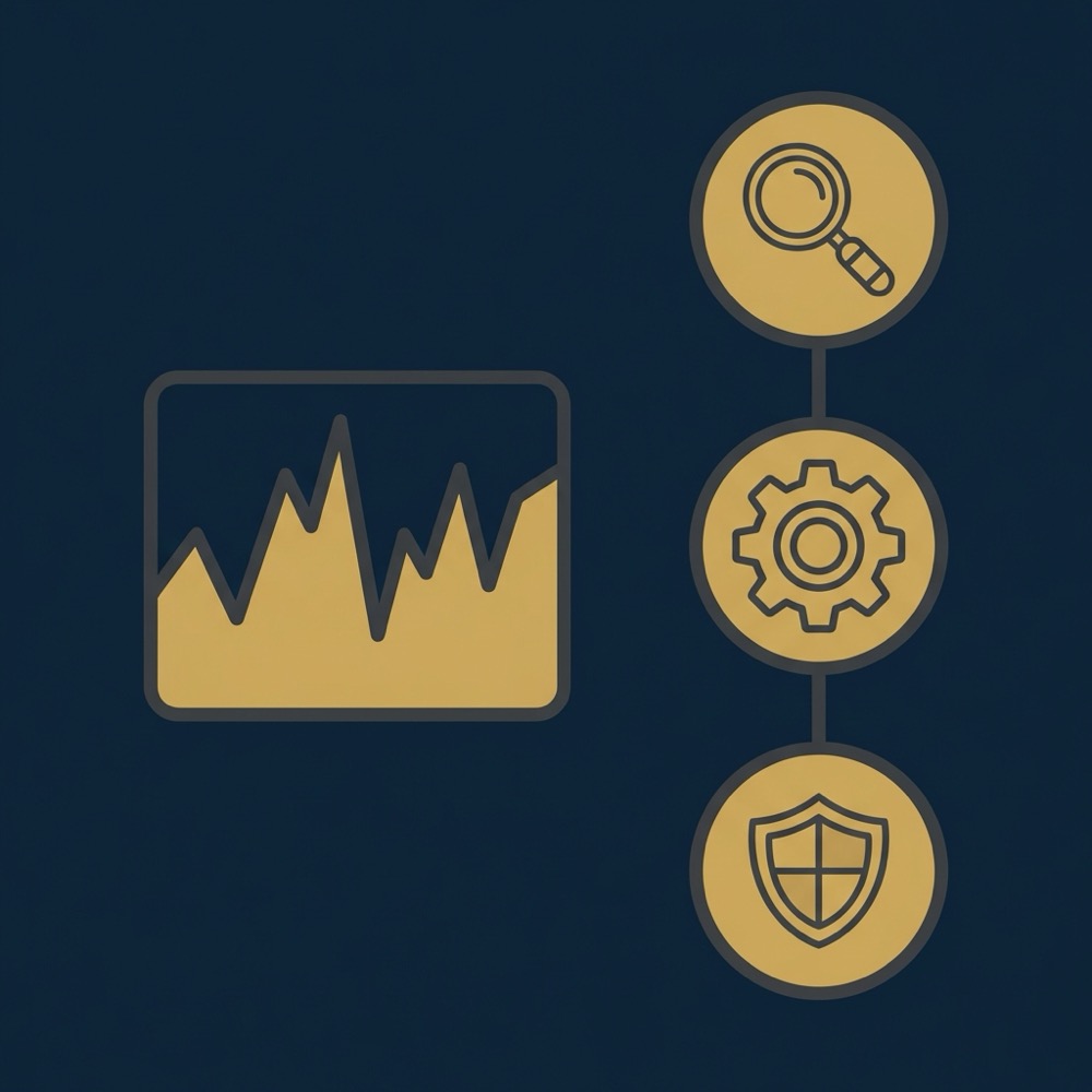 Minimal 2D vector infographic showing volatility line chart and three mitigation icons magnifying glass gear shield on dark blue background seo near me