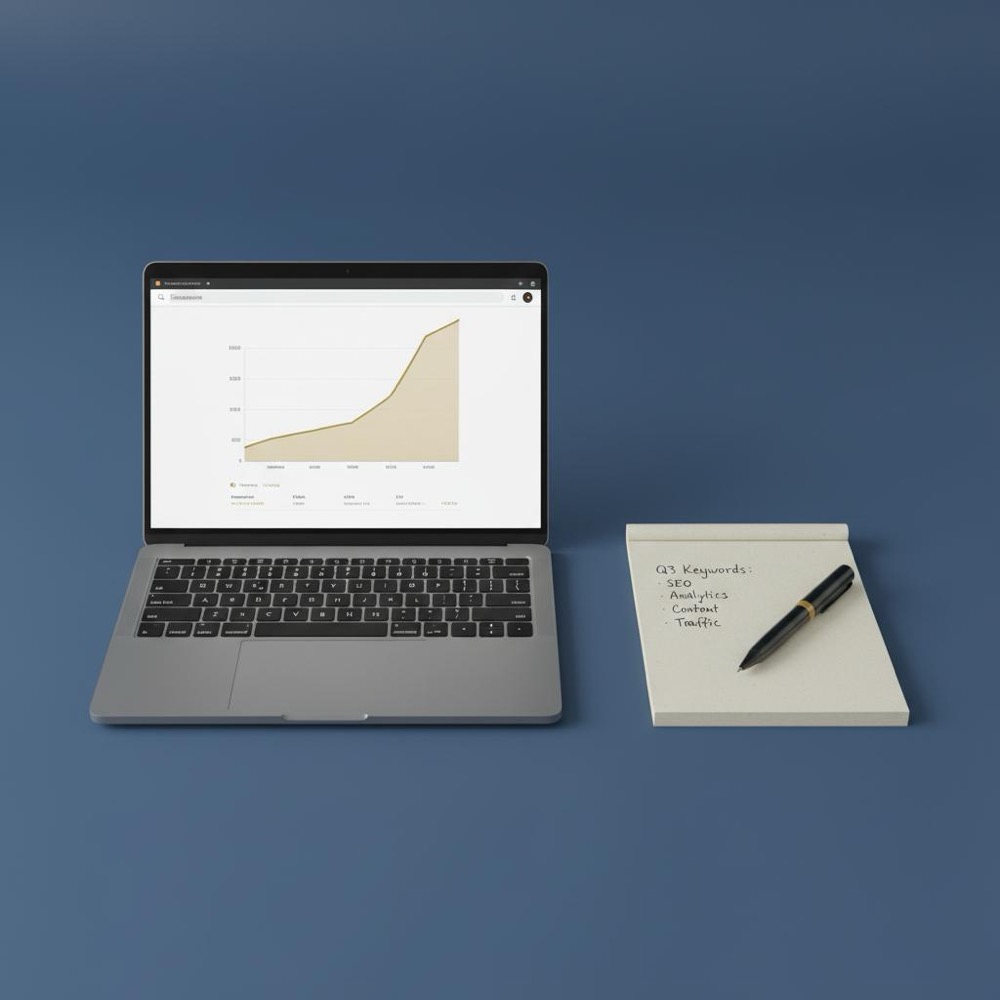 Minimalist desk with laptop showing a Search Console-style graph, browser with extension icon and notepad with keyword list - best seo tool for beginners