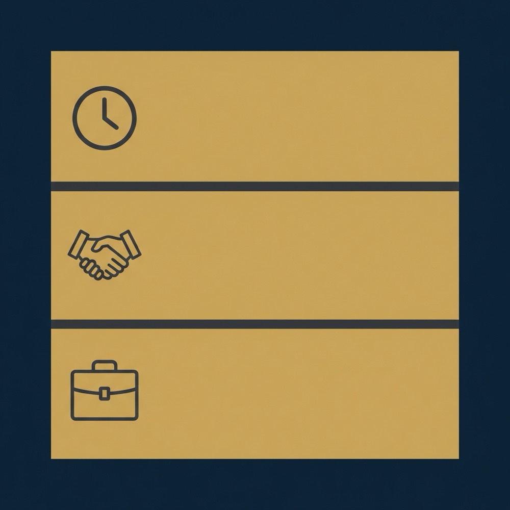 Minimal 2D vector infographic of stacked bands for hourly rates retainers and project costs with clock handshake and briefcase icons on Orvus navy and gold palette seo consultant