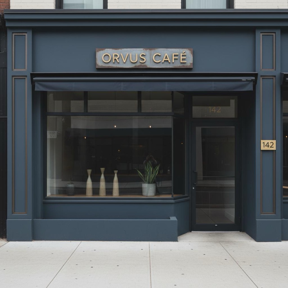 Minimalist shopfront exterior with clear signage, window display and address plaque in Orvus Ltd. colors, styled for local SEO services and local marketing.