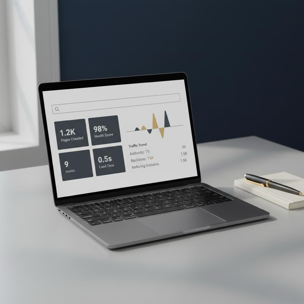 Close-up of a minimalist workspace with a laptop showing an abstract Site Explorer-style dashboard in Orvus Ltd. brand colors, ideal for an ahrefs review article.