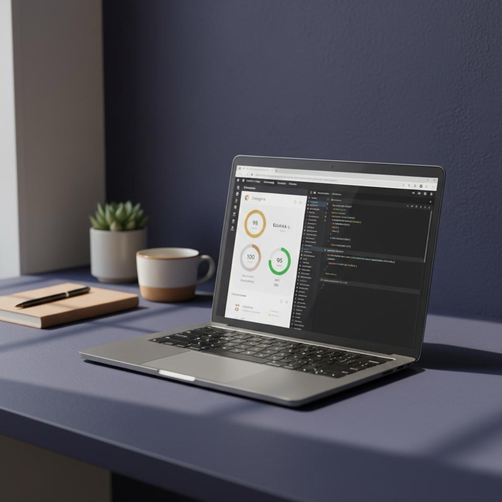 web optimized minimalist developer workspace with a laptop showing a Chrome Lighthouse report and code editor, dark blue background (#0B1E33) and gold accents (#C8A45D), no faces