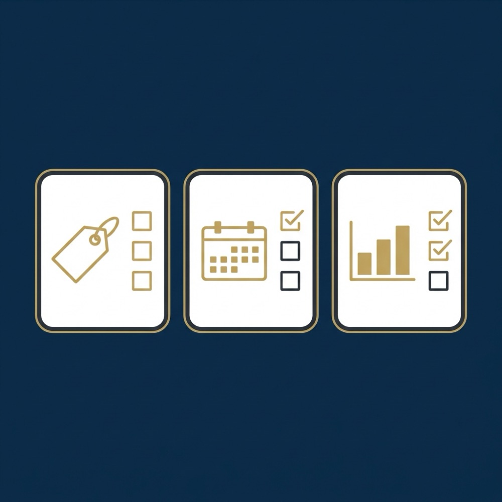 Minimal 2D vector infographic showing three pricing tiers with simple icons and deliverable checkboxes on dark blue Orvus Ltd brand background for seo packages