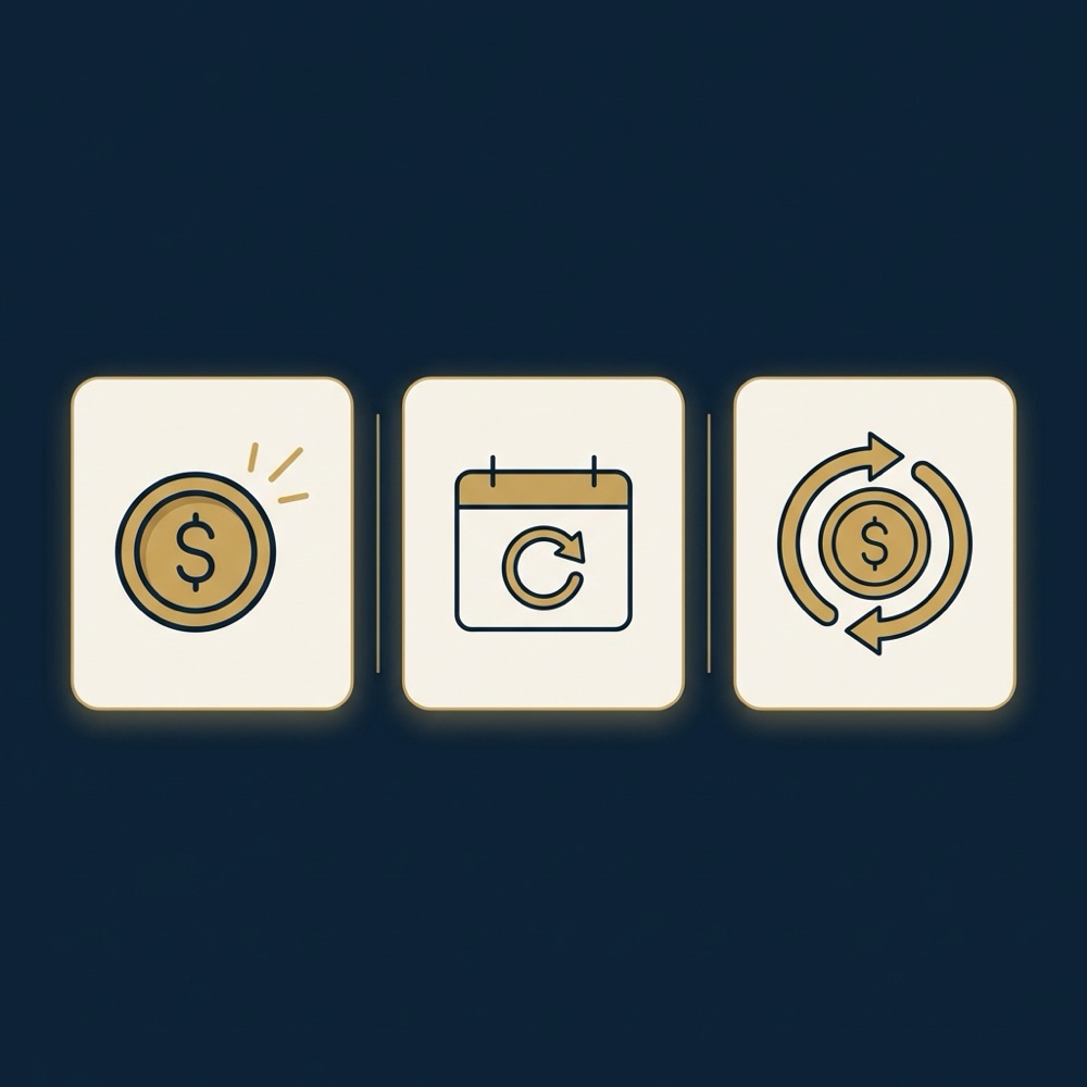 Minimal 2D vector infographic showing three budget bands with icons for one time payment monthly retainer and hybrid on dark blue background for local seo for small business