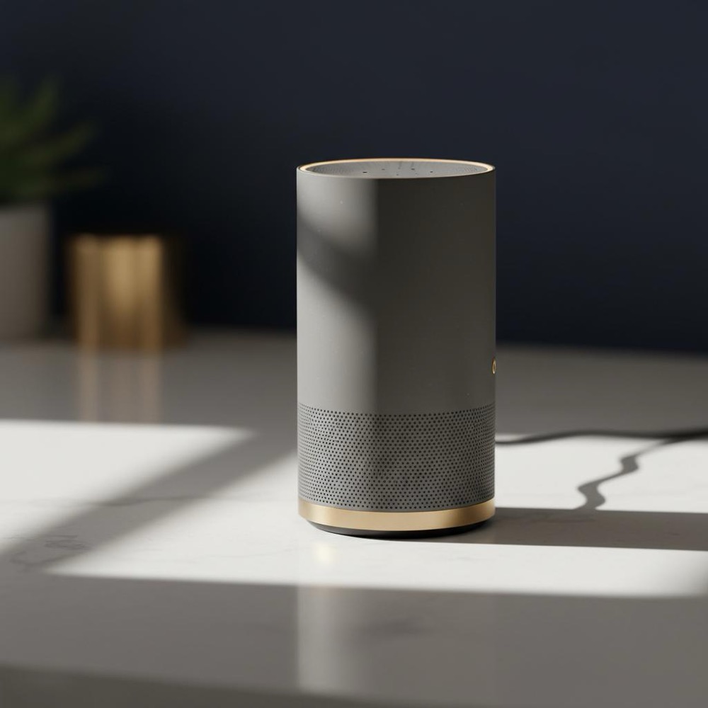 Close-up of a smart speaker on a navy kitchen counter focused on the microphone array with subtle Orvus color reflections, illustrating disadvantages of voice search.