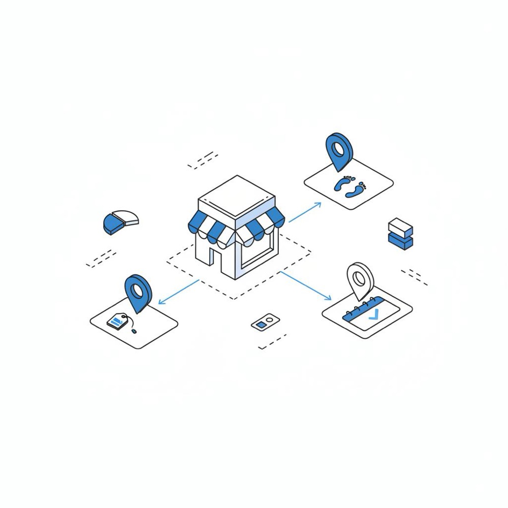 Isometric vector sketch of a storefront with three neighborhood pins connected by arrows to boxes with deal and visit icons, illustrating advertise on Nextdoor cost planning.