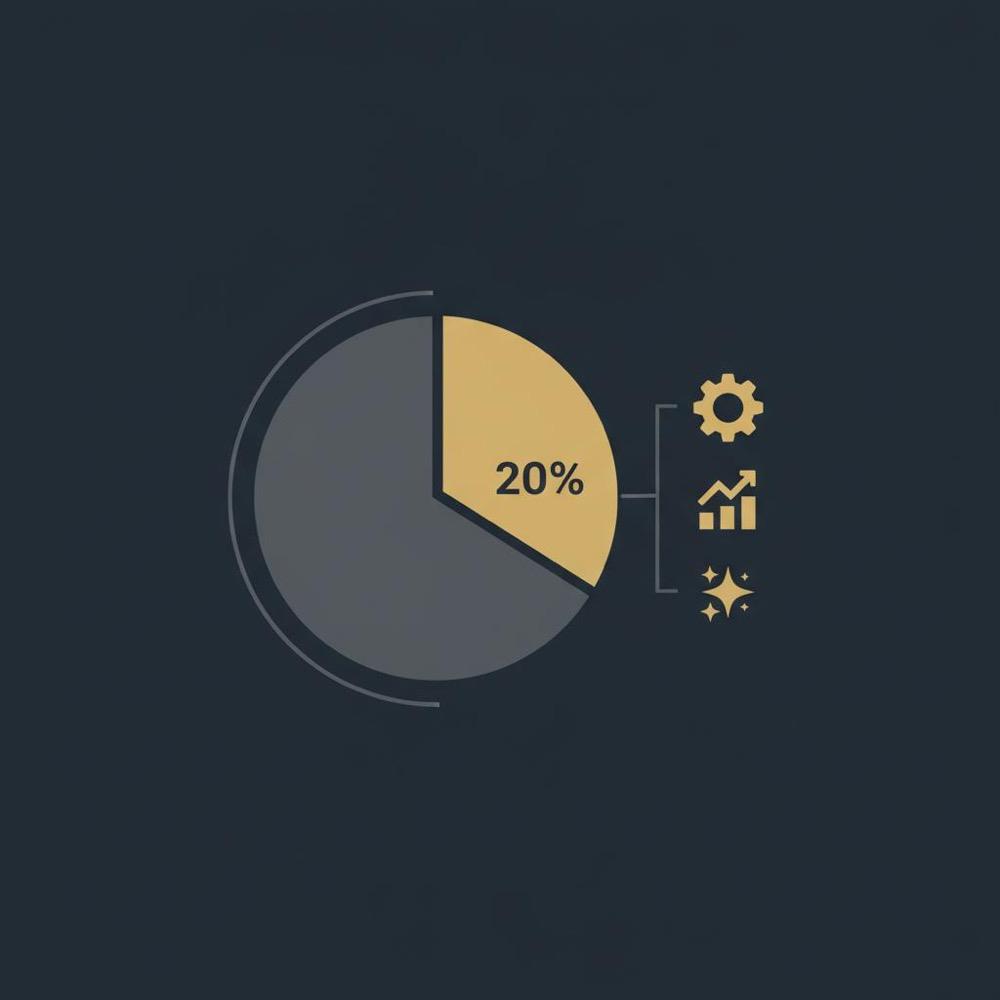 Minimal 2D vector infographic of a pie chart with a highlighted 20% slice and three feature-adoption icons on a #0B1E33 background illustrating the 80 20 rule in SaaS